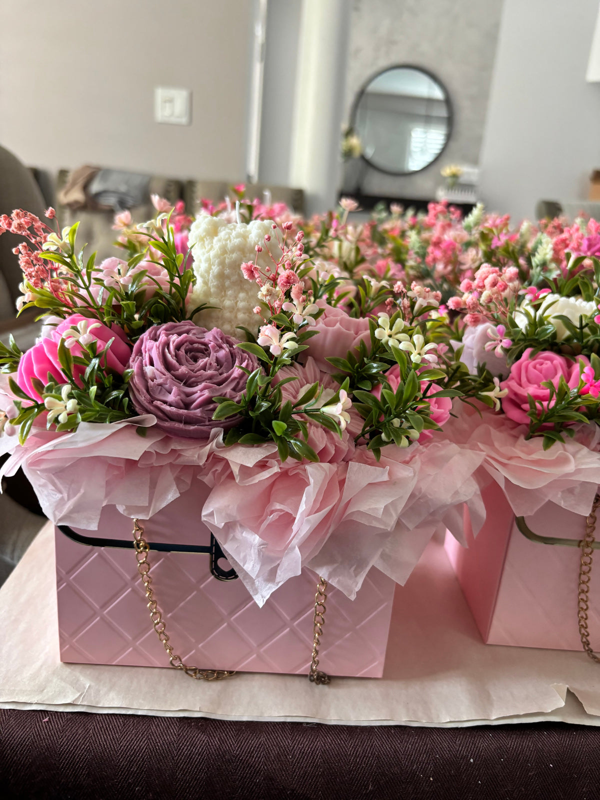 Floral purse candle bouquet in a display box, a keepsake gift for someone who has everything, hand-poured in Kitchener
