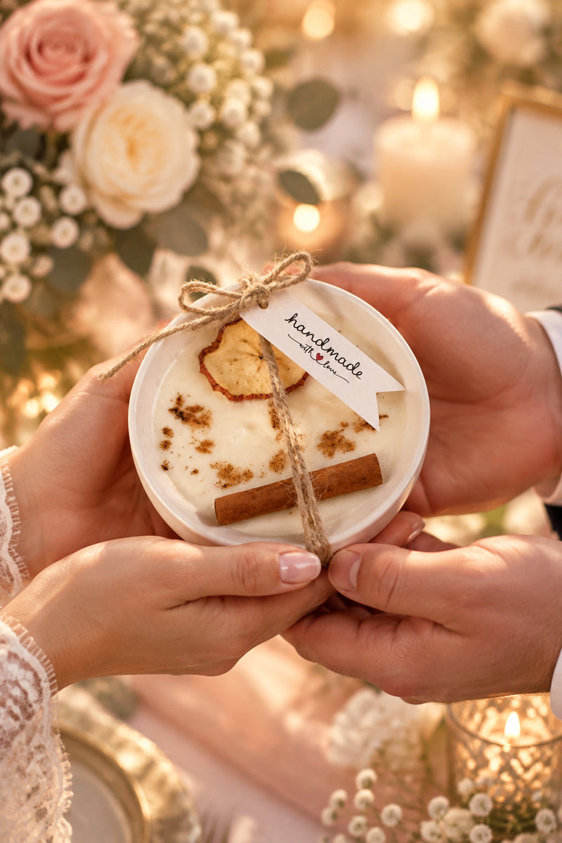 A 9 oz soy keepsake candle in a jute-wrapped white ceramic bowl, pressed flowers set on top of the wax
