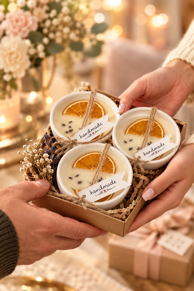 Pressed flower keepsake candle held in the hand, hand-poured in Kitchener, Ontario