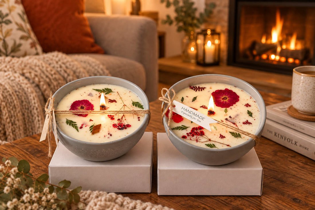 Midnight Bloom dried flower bowl candle with a pressed red rose in a grey ceramic bowl, made for a candle warmer