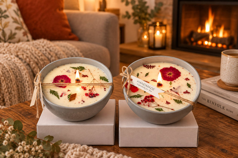 Midnight Bloom dried flower bowl candle with a pressed red rose in a grey ceramic bowl, made for a candle warmer