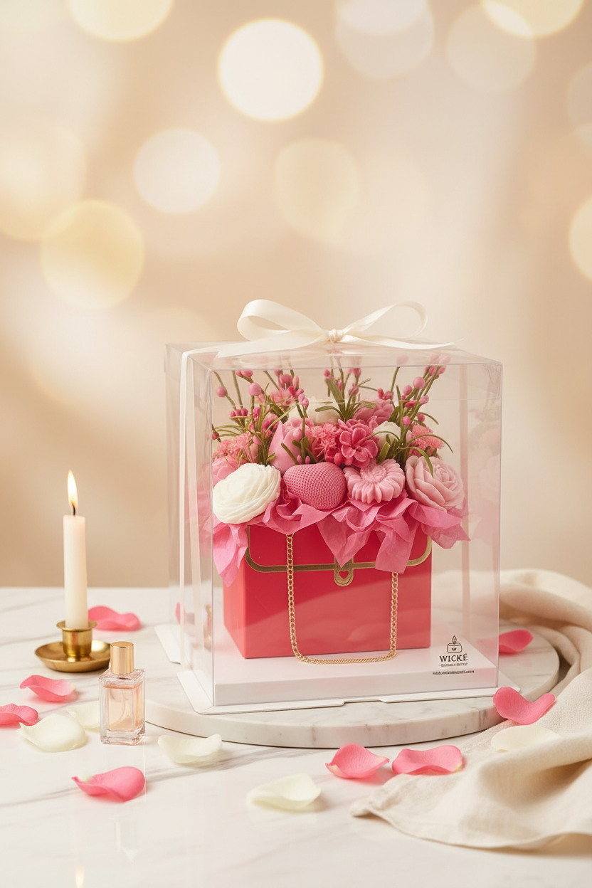 The 'Blush Garden' luxury pink quilted floral purse candle bouquet by Wické Artisan Candle, meticulously presented inside its premium clear acrylic display gift box with a white satin ribbon bow.