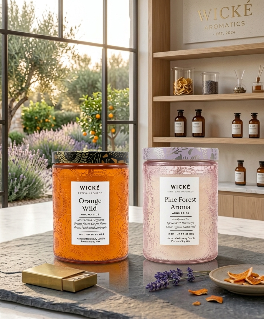 Two Wické candles, one orange and one pink, on a table with a blurred outdoor background.
