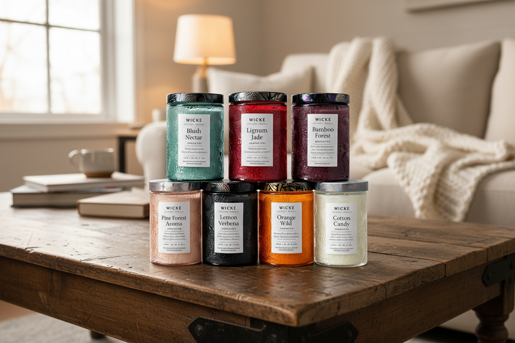 Collection of Wicke candles with various scents on a white background