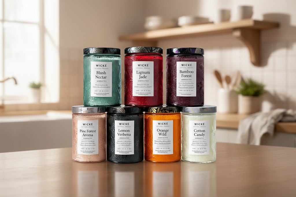 Collection of Wicke candles with various scents on a white background