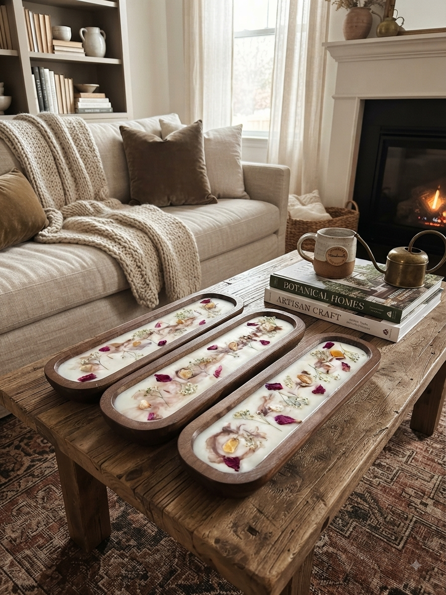 Handcrafted wooden dough bowl candles decorated with seasonal botanicals and displayed on a coffee table in a cozy living room setup.