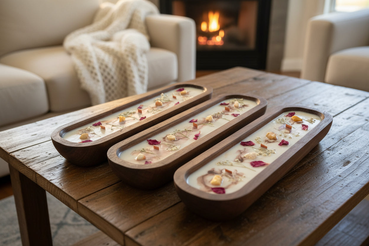 Handcrafted wooden dough bowl candles decorated with seasonal botanicals and displayed on a coffee table in a cozy living room setup.