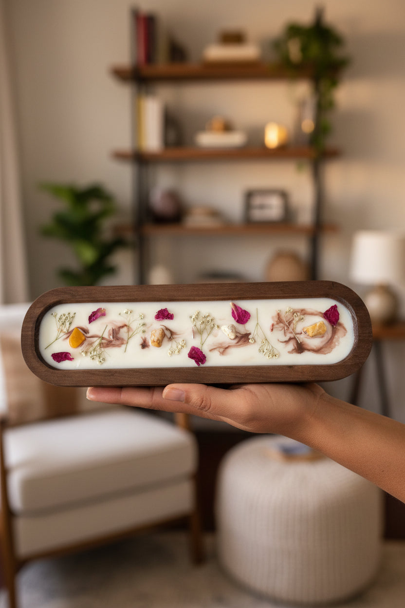 Three long rectangular wooden CANDLES with white wax bases, embedded with dried flowers, petals, and small gold leaf pieces, displayed on a white cloth.