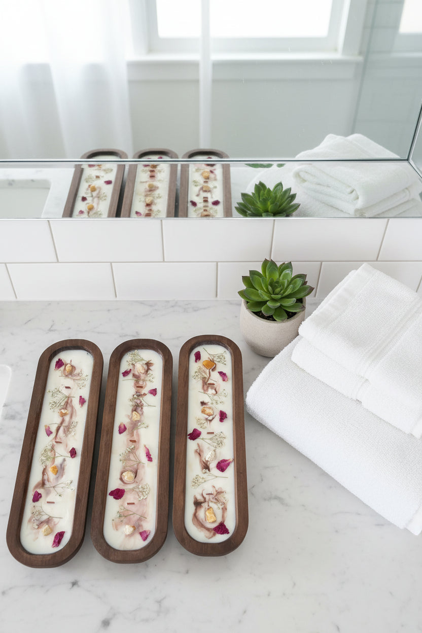 Handcrafted wooden dough bowl candles displayed on a white marble countertop next to plush rolled towels and a small succulent in a serene, spa-like setting.