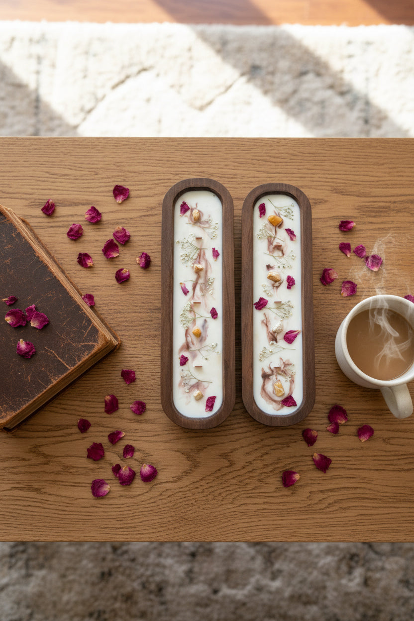 Handcrafted wooden dough bowl candles decorated with seasonal botanicals and displayed on a coffee table in a cozy living room setup.