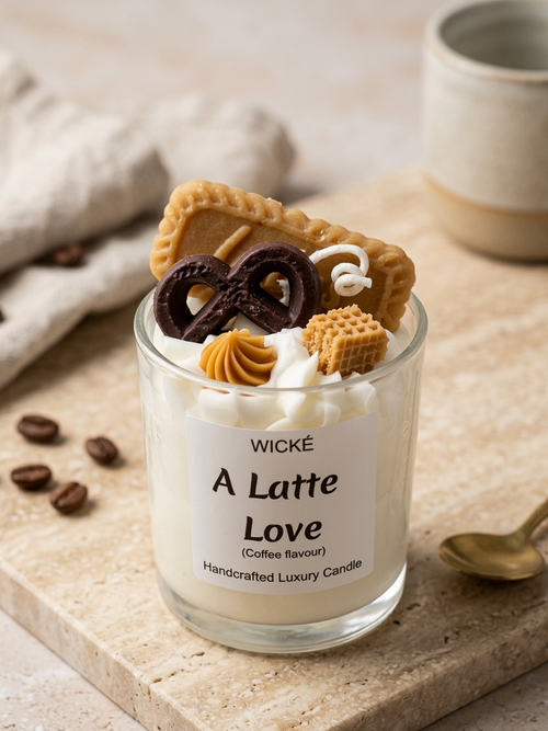 Wické A Latte Love coffee flavored handcrafted luxury candle with wax biscuit and pretzel toppings.