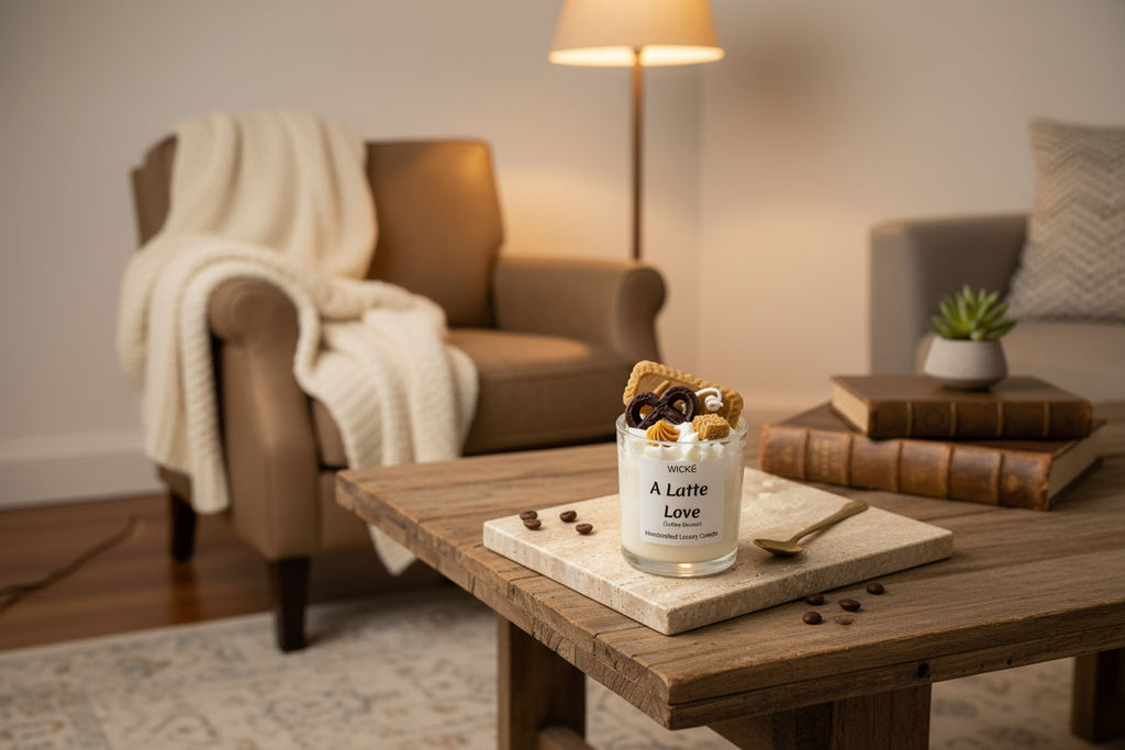 Wické A Latte Love coffee flavored handcrafted luxury candle with wax biscuit and pretzel toppings.