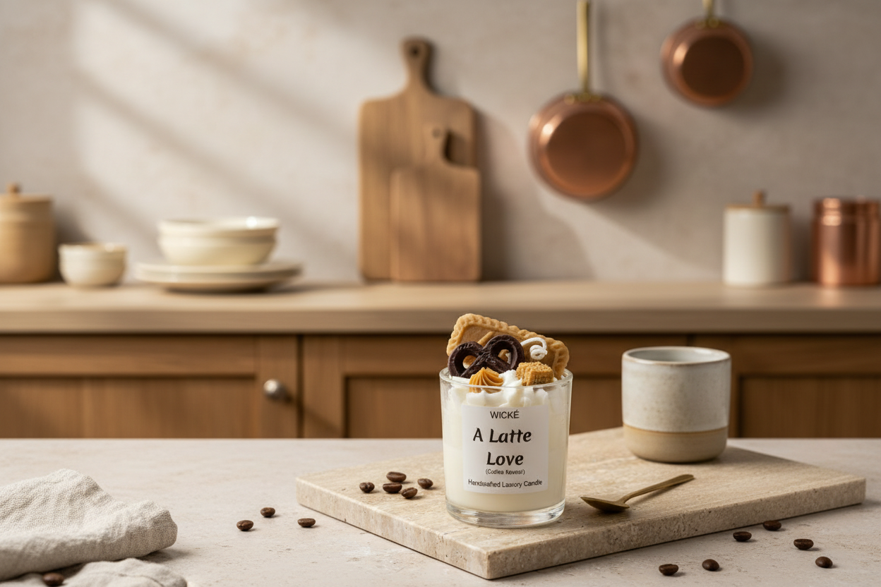 Wické A Latte Love coffee flavored handcrafted luxury candle with wax biscuit and pretzel toppings.