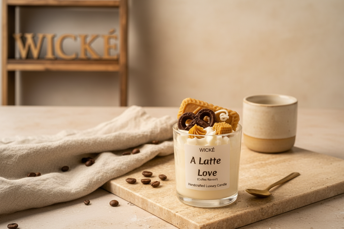 Wické A Latte Love coffee flavored handcrafted luxury candle with wax biscuit and pretzel toppings.