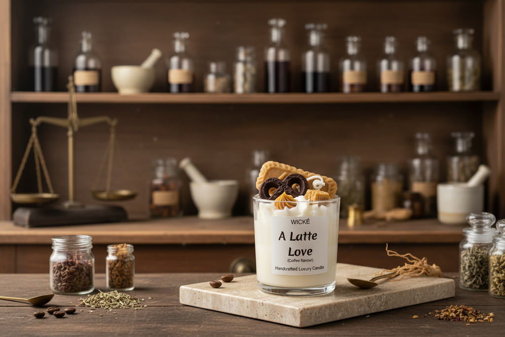Wické A Latte Love coffee flavored handcrafted luxury candle with wax biscuit and pretzel toppings.