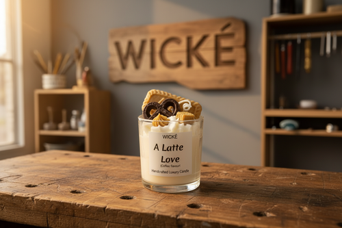 Wické A Latte Love coffee flavored handcrafted luxury candle with wax biscuit and pretzel toppings.