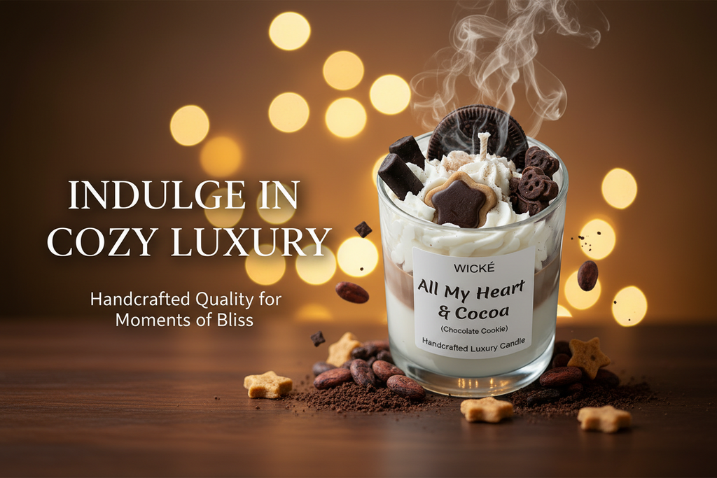 Wické 'All My Heart & Cocoa' candle with chocolate cookie decorations on a dark surface.