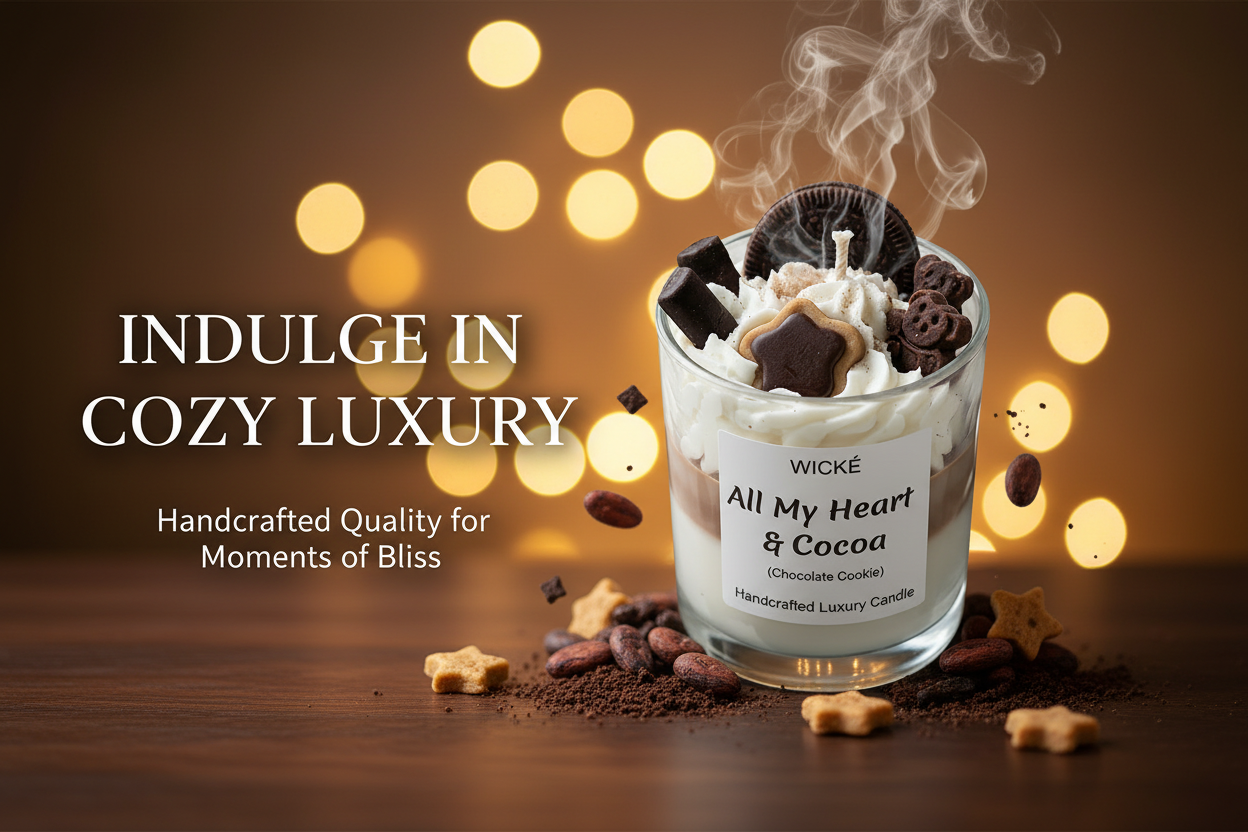 Wické 'All My Heart & Cocoa' candle with chocolate cookie decorations on a dark surface.