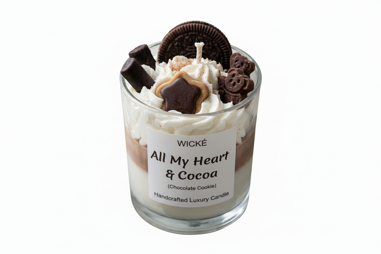 Wické 'All My Heart & Cocoa' candle with chocolate cookie decorations on a dark surface.