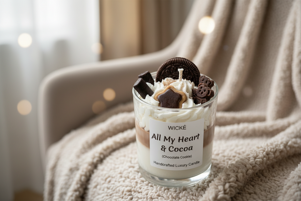 Candle in a glass jar with chocolate-themed decorations on a white background