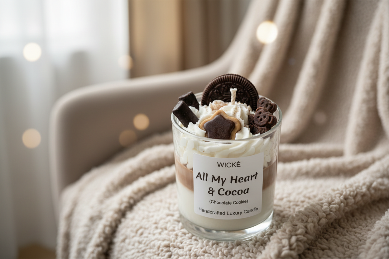 Candle in a glass jar with chocolate-themed decorations on a white background