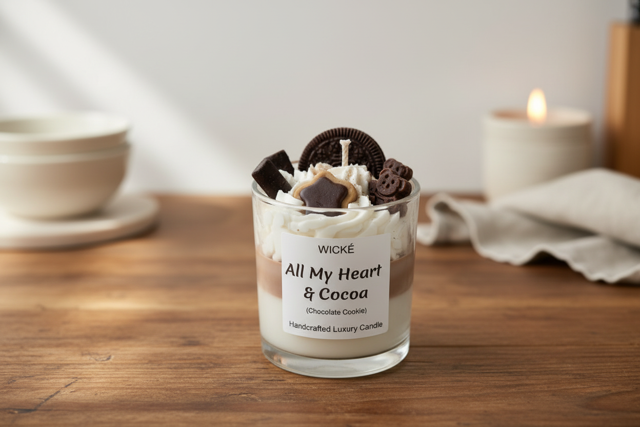 Wické All My Heart and Cocoa handcrafted luxury candle with wax chocolate cookie and heart embeds.
