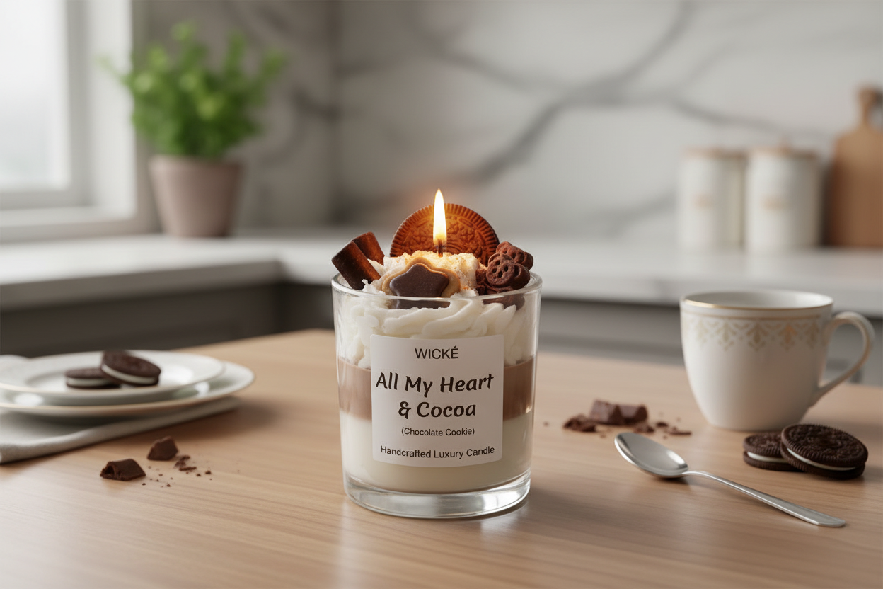 Wické All My Heart and Cocoa handcrafted luxury candle with wax chocolate cookie and heart embeds.
