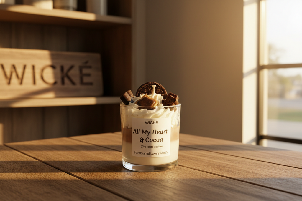 Wické All My Heart and Cocoa handcrafted luxury candle with wax chocolate cookie and heart embeds.