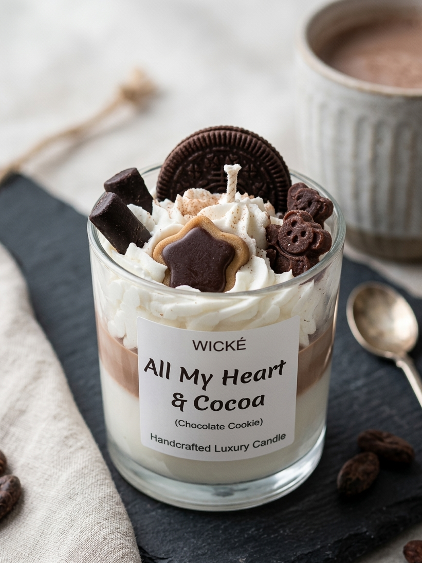 Wické 'All My Heart & Cocoa' candle with chocolate cookie decorations on a dark surface.