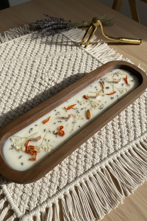 Four oval-shaped wooden soap bars with dark brown wood frames and creamy white wax filled with dried botanicals, displayed on a gray tiled surface.