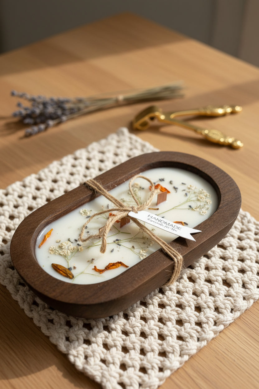 Two oval wooden soap dishes containing white wax candles with dried flowers and botanicals, tied with twine and a small white tag reading HANDMADE.