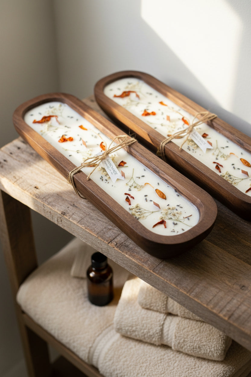 A long, narrow rectangular wooden tray holding a white wax candle with dried botanicals, tied with twine and a small tag, photographed on a white surface.