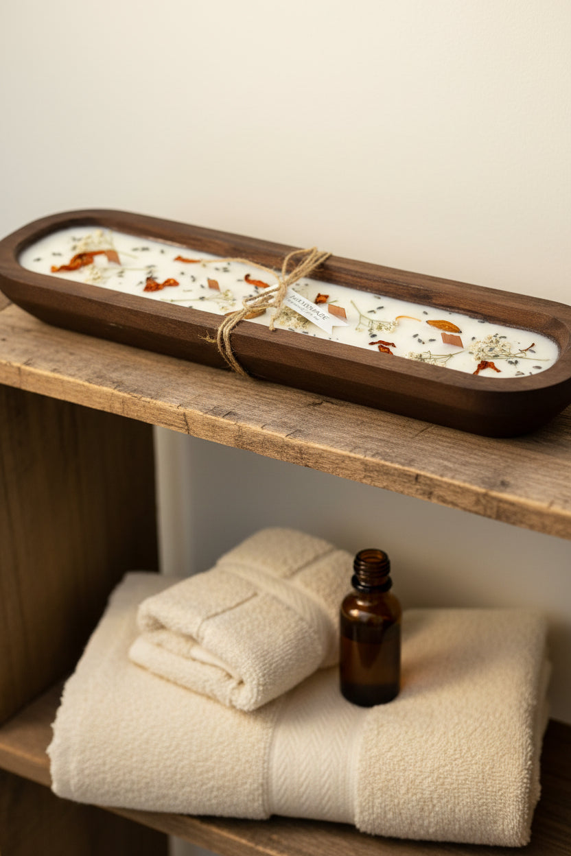 A long, narrow rectangular wooden tray holding a white wax candle with dried botanicals, tied with twine and a small tag, photographed on a white surface.