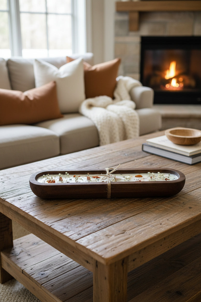 A long, narrow rectangular wooden tray holding a white wax candle with dried botanicals, tied with twine and a small tag, photographed on a white surface.