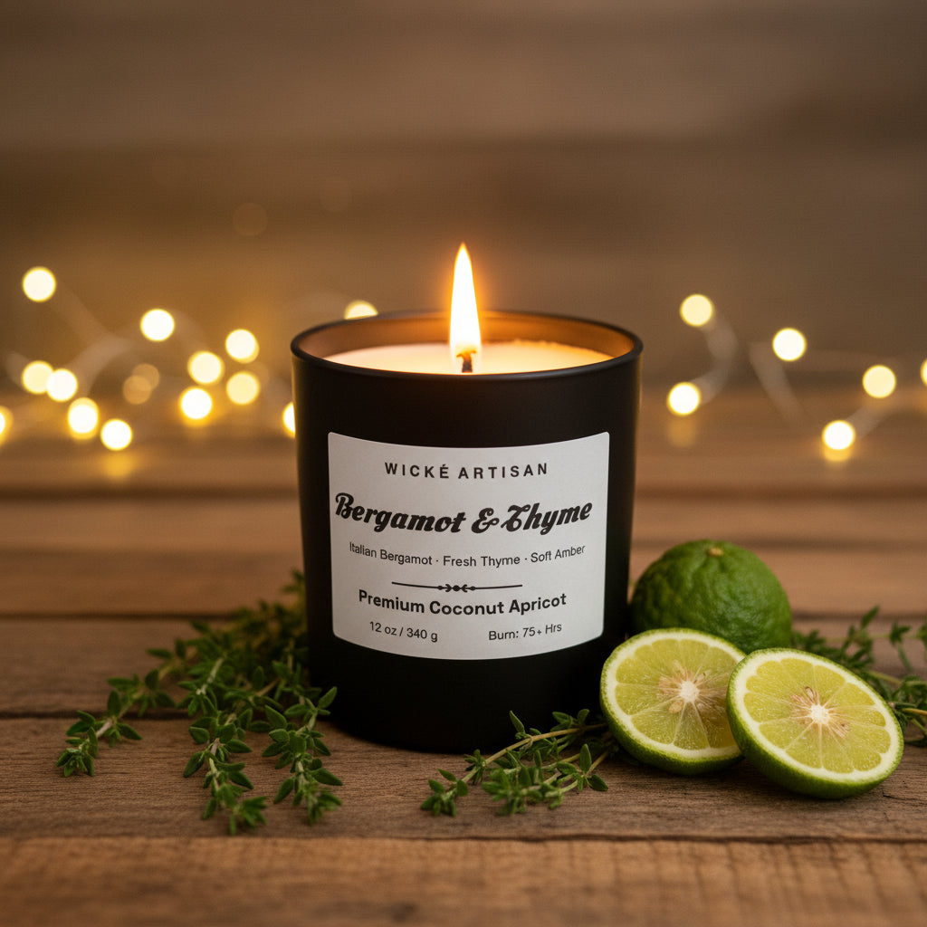 Bergamot & Thyme artisan candle by Wické, made with coconut apricot soy wax