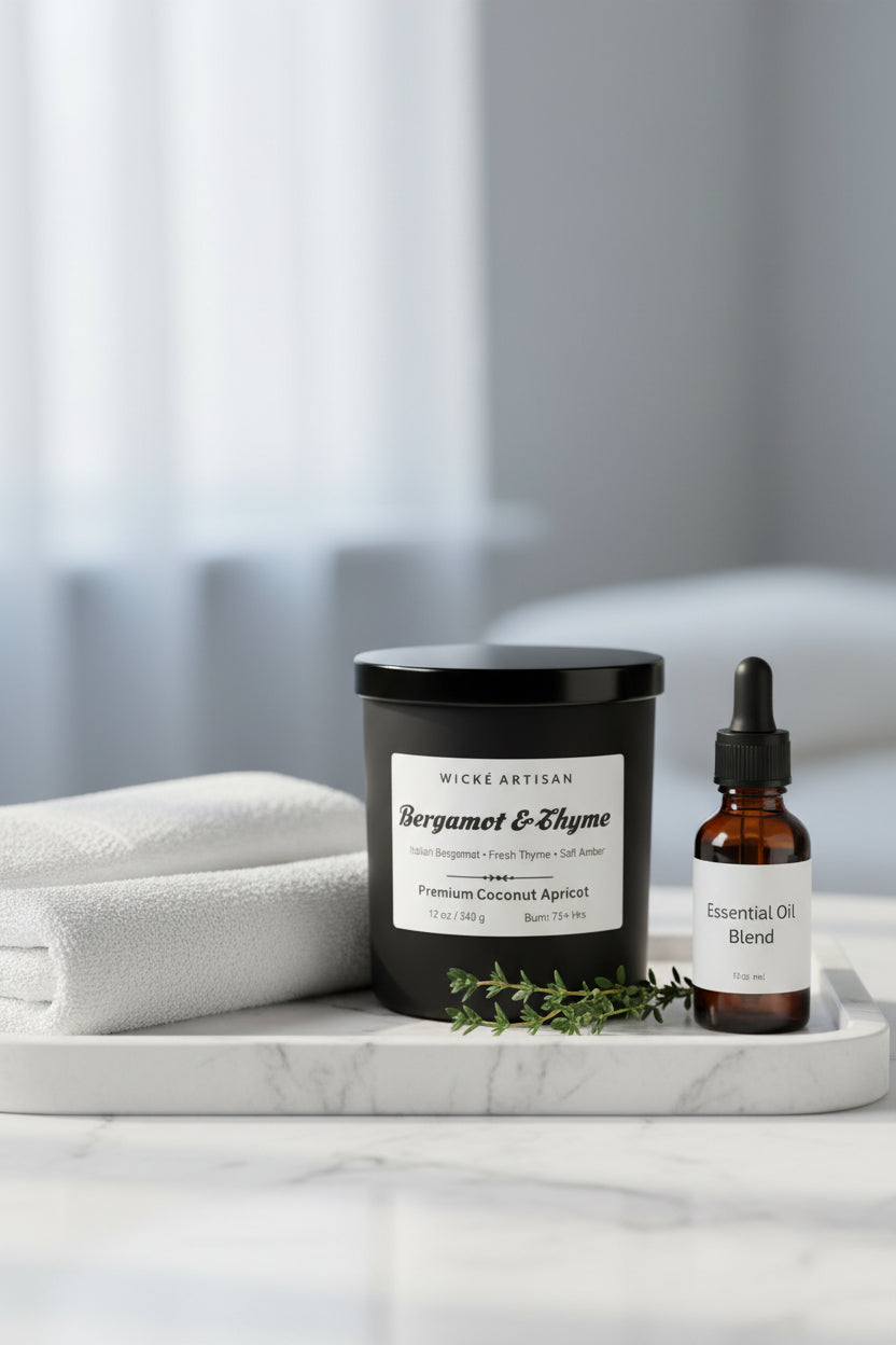 Bergamot & Thyme scented candle, hand-poured with coconut apricot soy wax