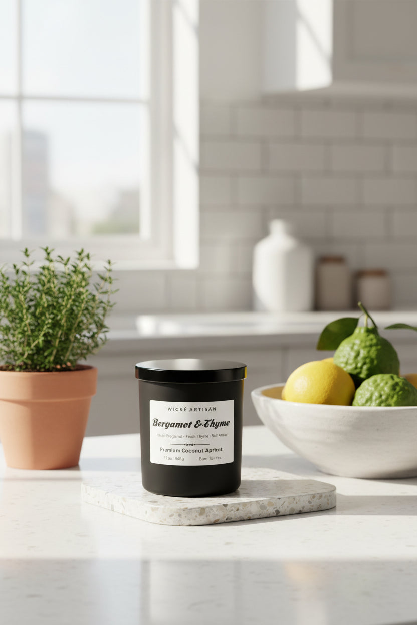 Wické Bergamot & Thyme artisan candle — small batch, poured and finished by hand