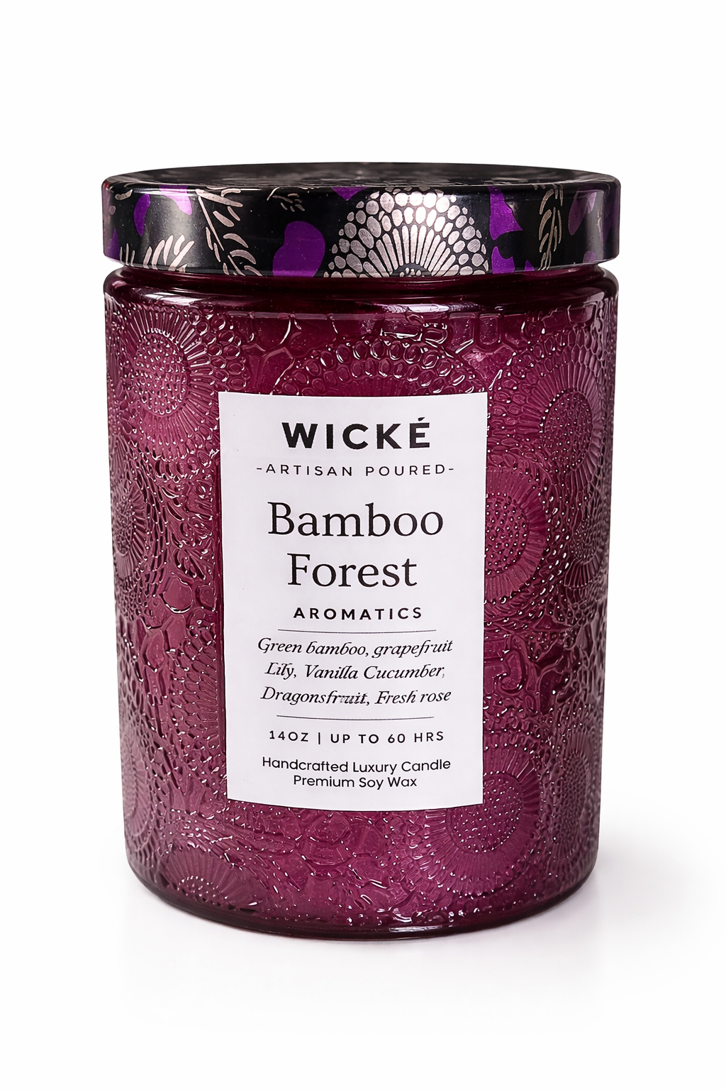 Wické Bamboo Forest aromatics candle with embossed design and purple label on a white background