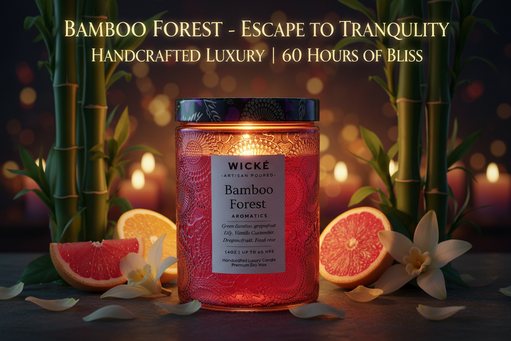 Wické Bamboo Forest aromatics candle with embossed design and purple label on a white background