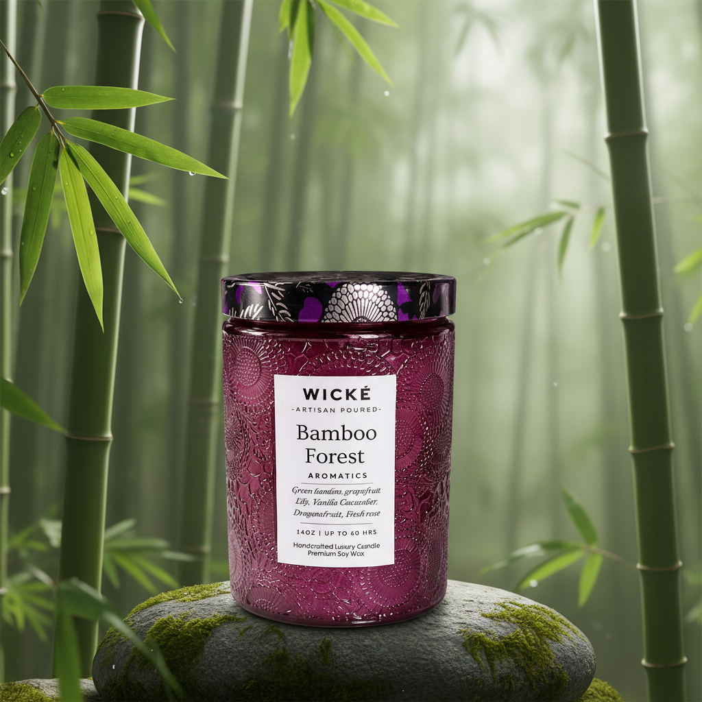 Wické Bamboo Forest aromatics candle with embossed design and purple label on a white background