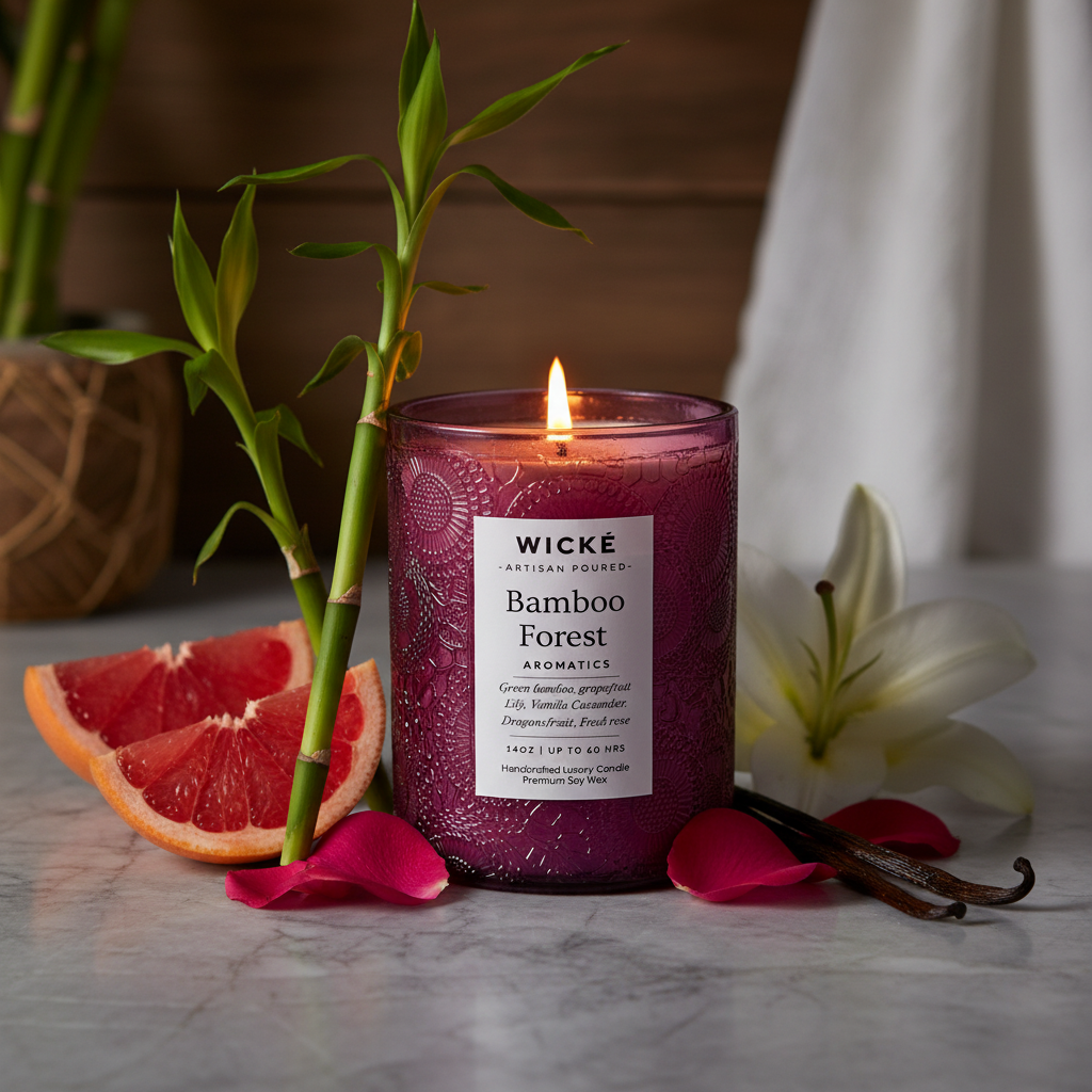 Wické Bamboo Forest aromatics candle with embossed design and purple label on a white background