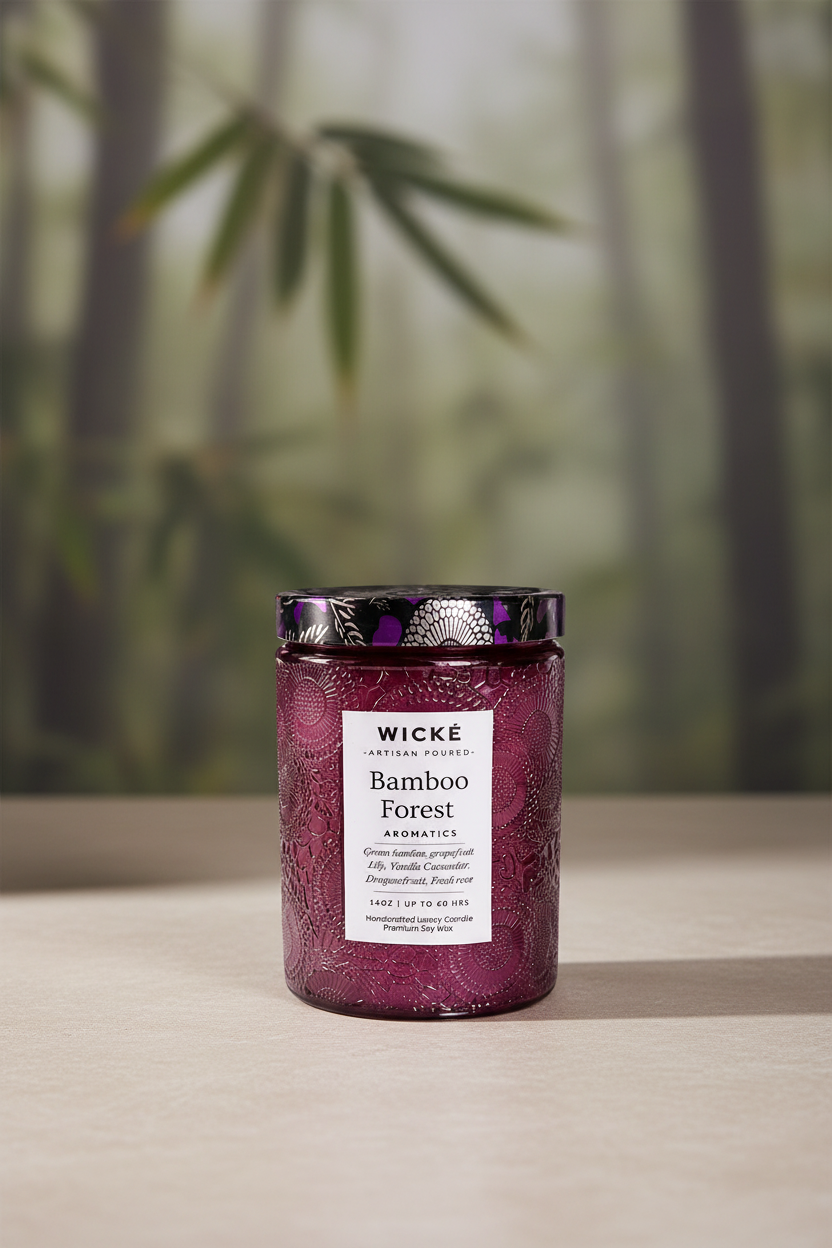Wické Bamboo Forest aromatics candle with embossed design and purple label on a white background
