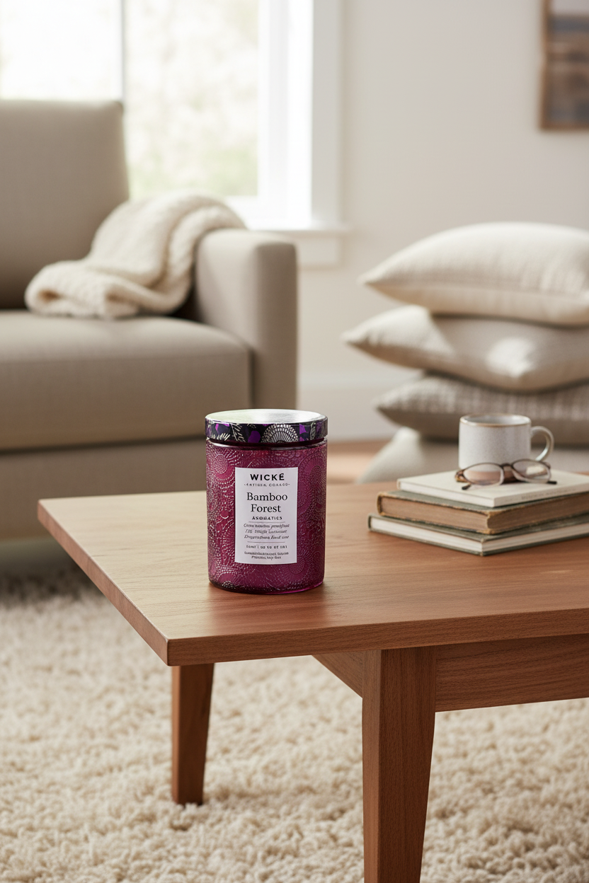 Wické Bamboo Forest aromatics candle with embossed design and purple label on a white background
