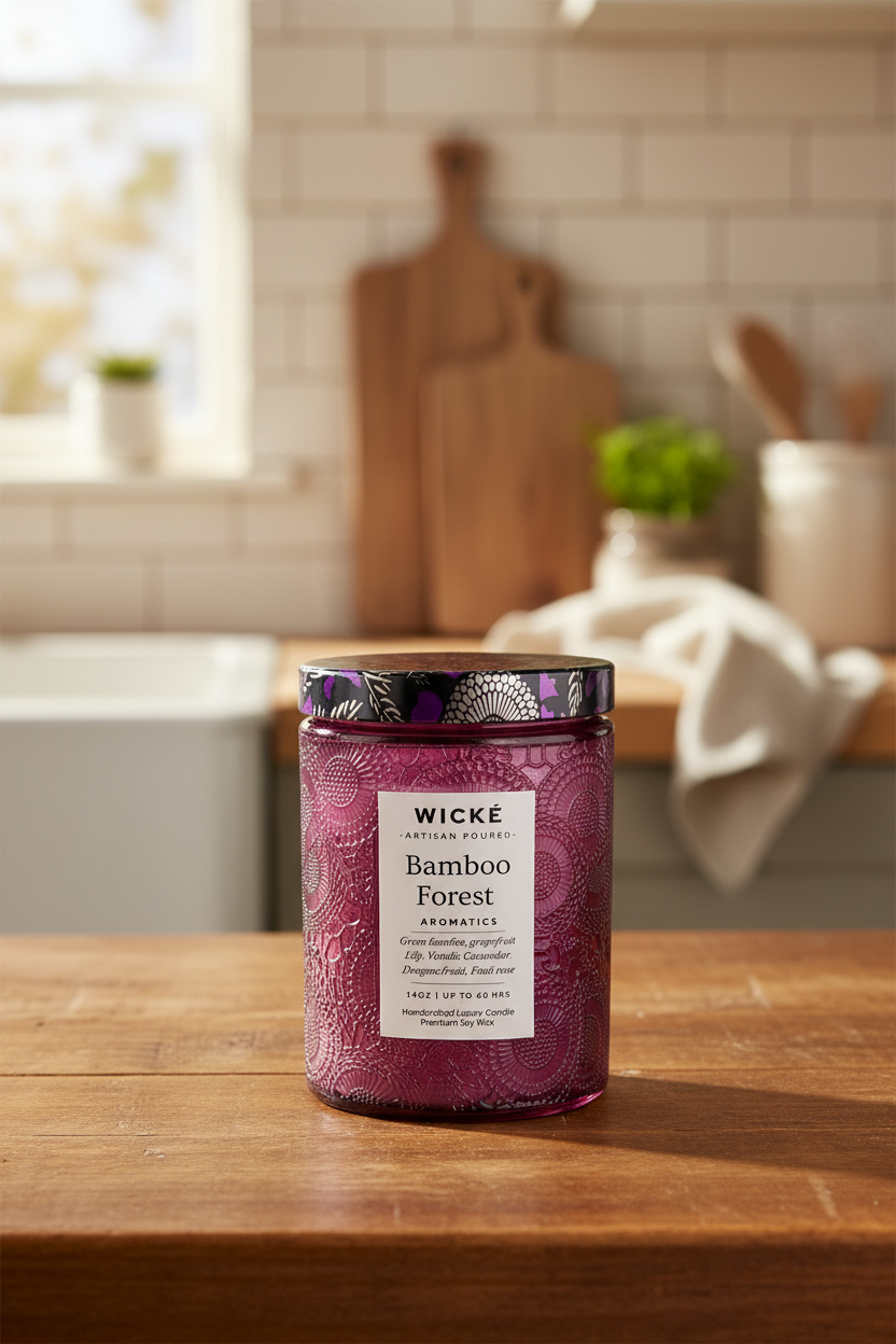 Wické Bamboo Forest aromatics candle with embossed design and purple label on a white background