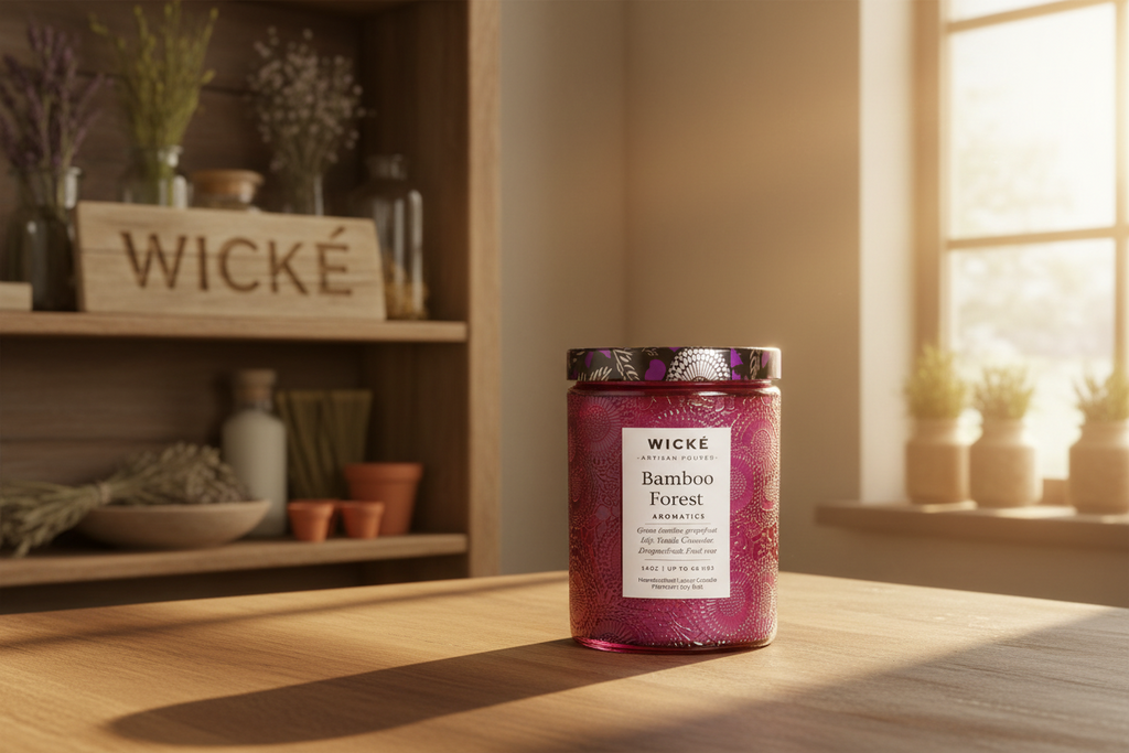 Wické Bamboo Forest aromatics candle with embossed design and purple label on a white background