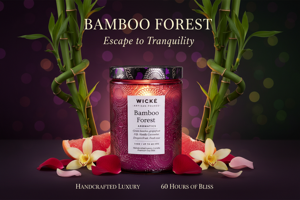 Wické Bamboo Forest aromatics candle with embossed design and purple label on a white background
