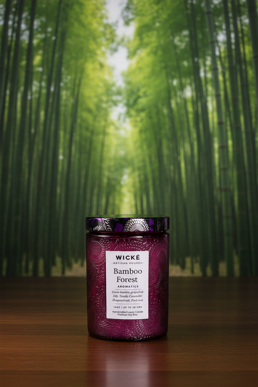 Wické Bamboo Forest aromatics candle with embossed design and purple label on a white background