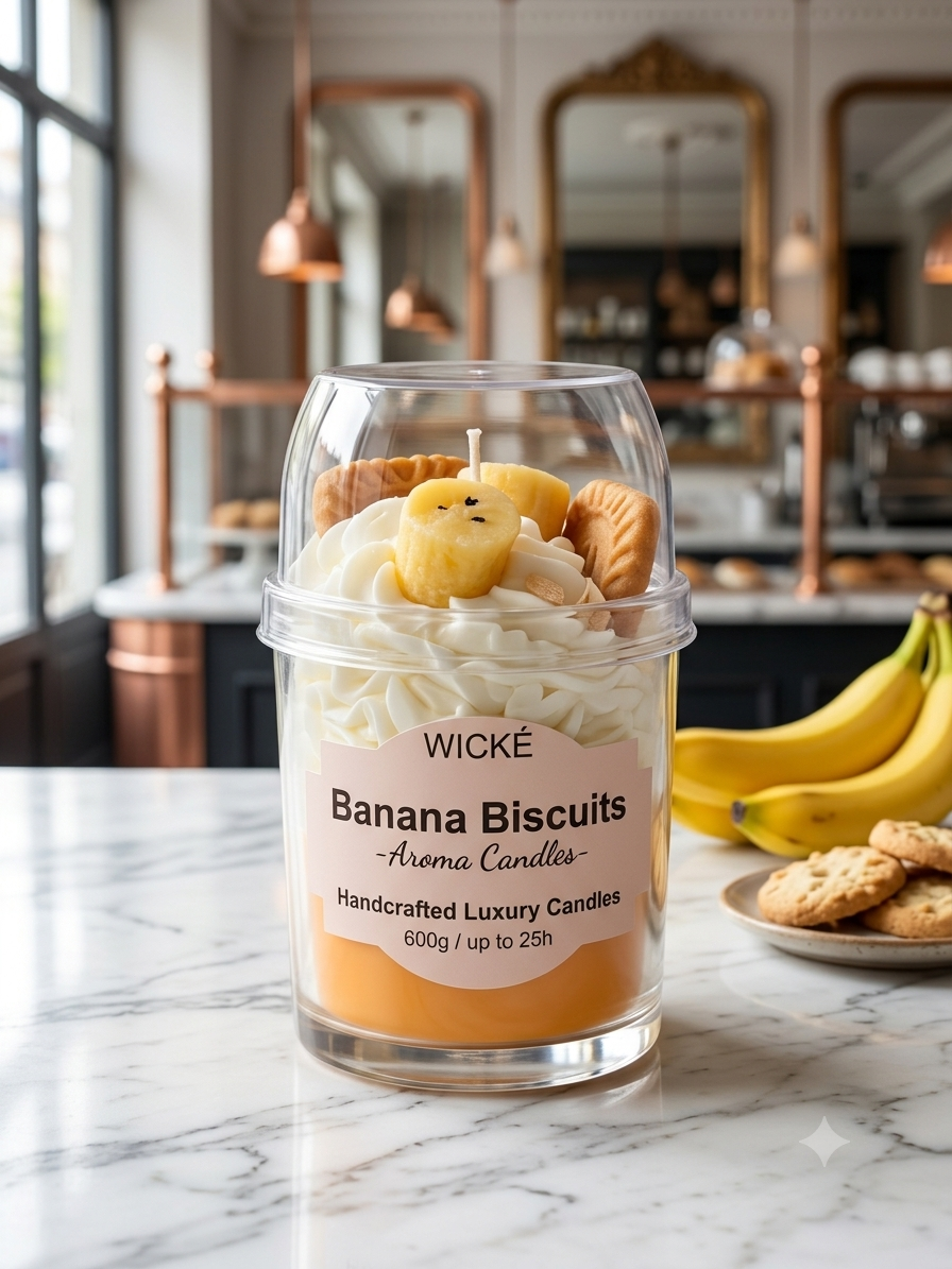 A WICKÉ Banana Biscuits aroma candle in a clear plastic tub with a clear lid, filled with white whipped wax and topped with a banana slice and biscuit pieces. The candle sits on a marble countertop with a blurred kitchen background and bananas on the side.