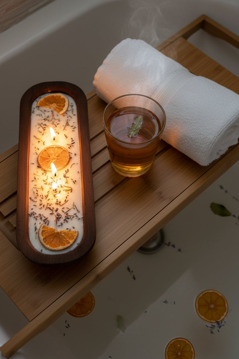 Three wooden tray candles with white wax, dried orange slices, and small sprigs of lavender, tied with twine and labeled, displayed on a white surface.