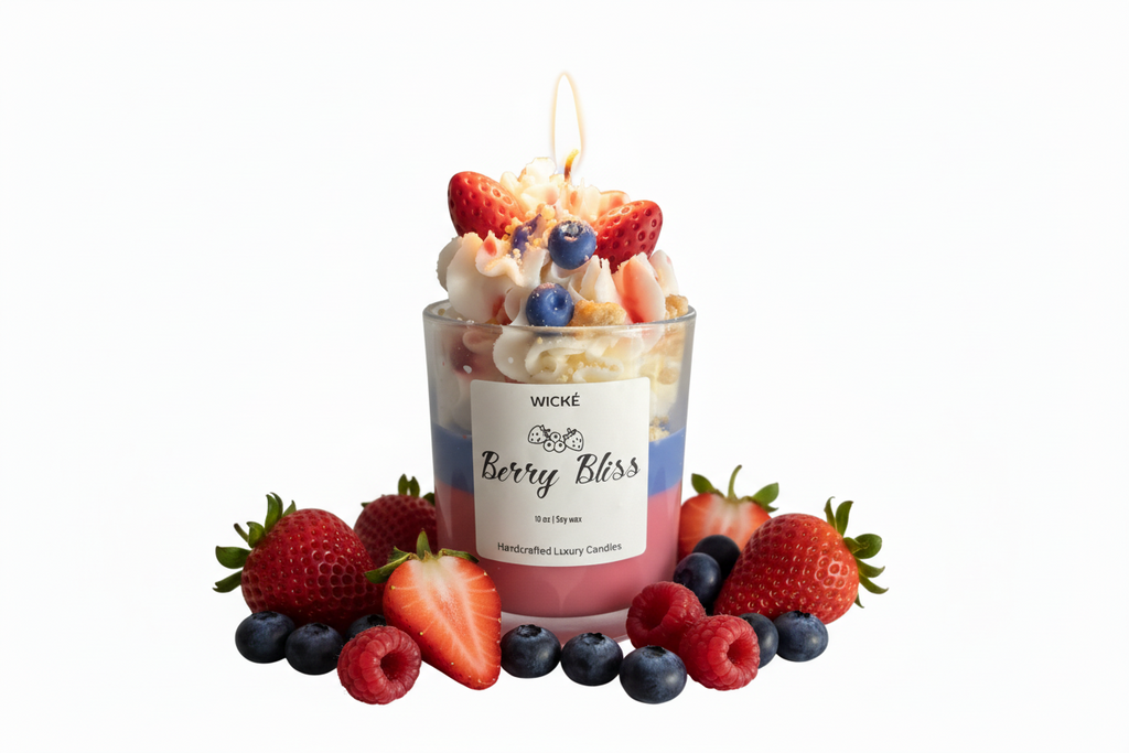 Wické Berry Bliss candle with fruit toppings on a white background